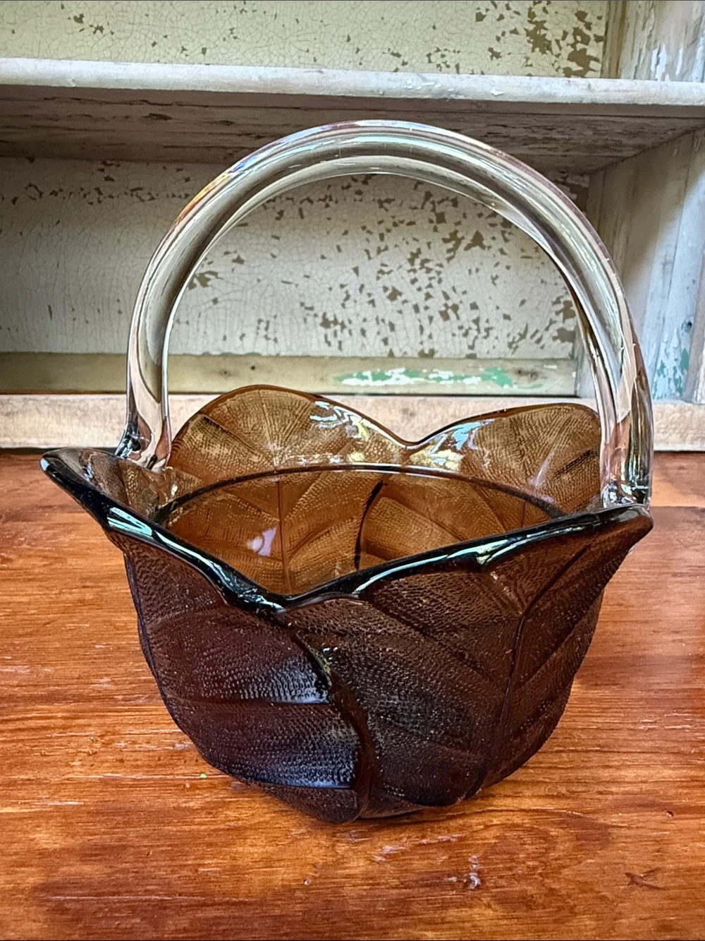 🍂 Vintage 1960s Viking Glass Cabbage Leaf Basket Handmade Brown Smoke